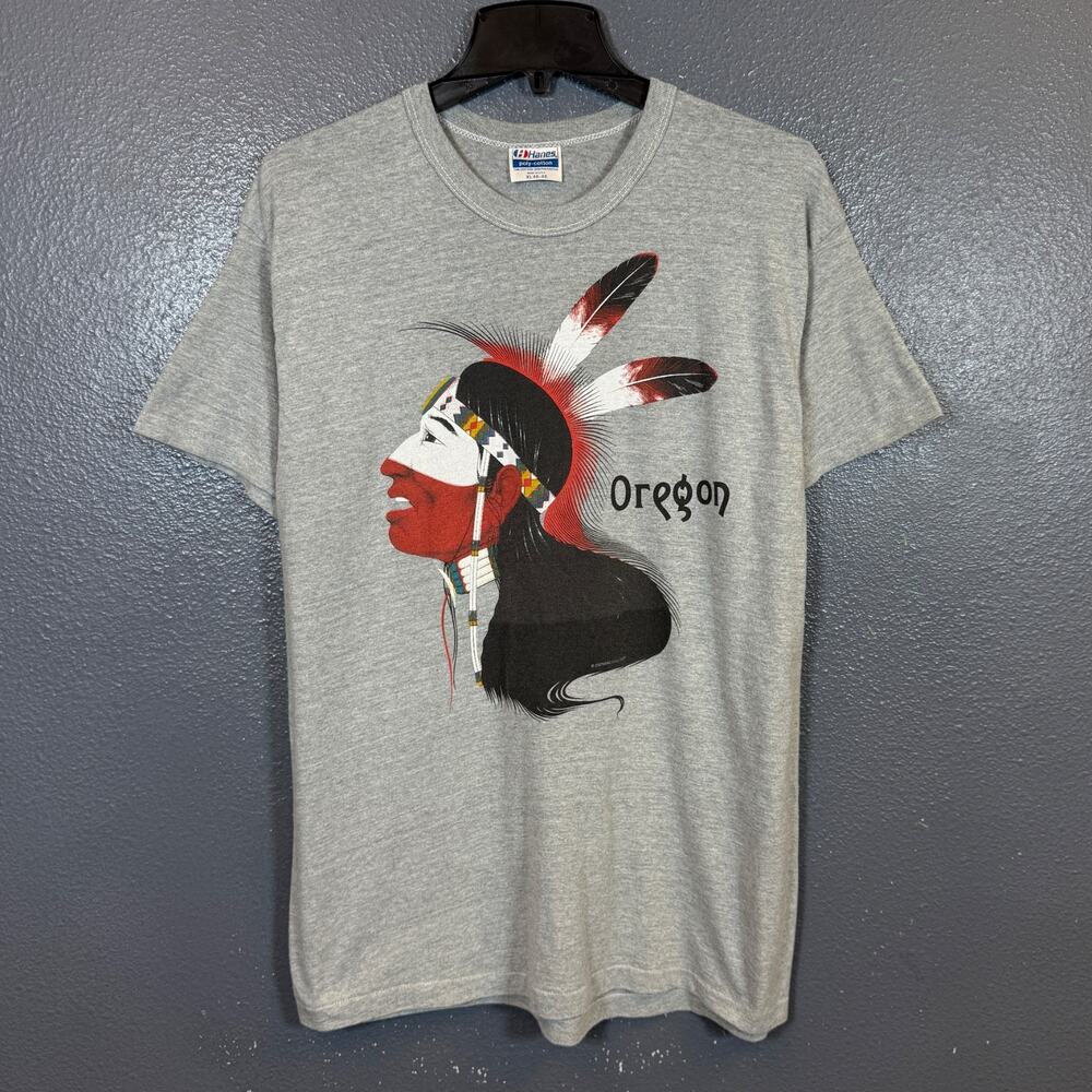 Hanes L men’s gray 80’s single stitch Oregon Native Indian Face vintage t-shirt